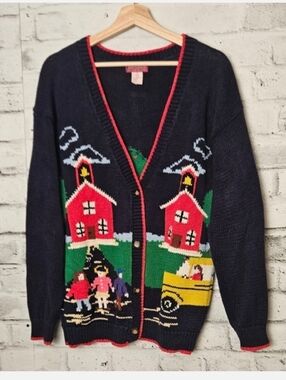 Bronté Vintage Novelty Cardigan Cottage Scene Ramie Cotton M/L